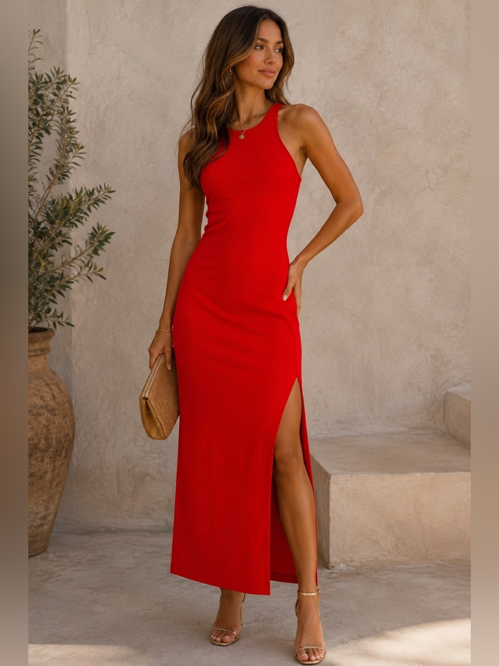 FORE Collection Red Sleeveless Midi Maxi Dress Side Slit Stretch Size M